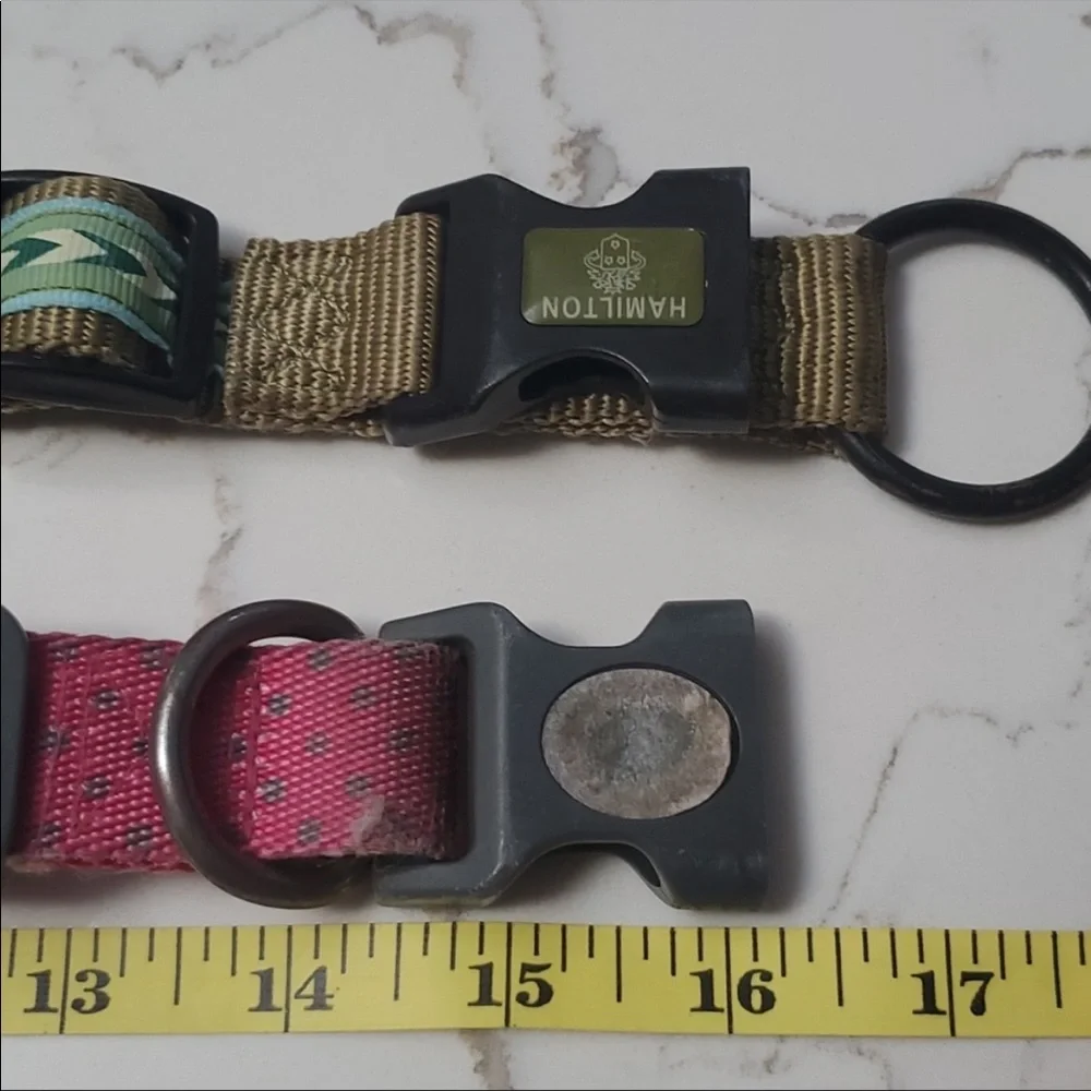Two Medium to Large Dog Collars - Pink and Green